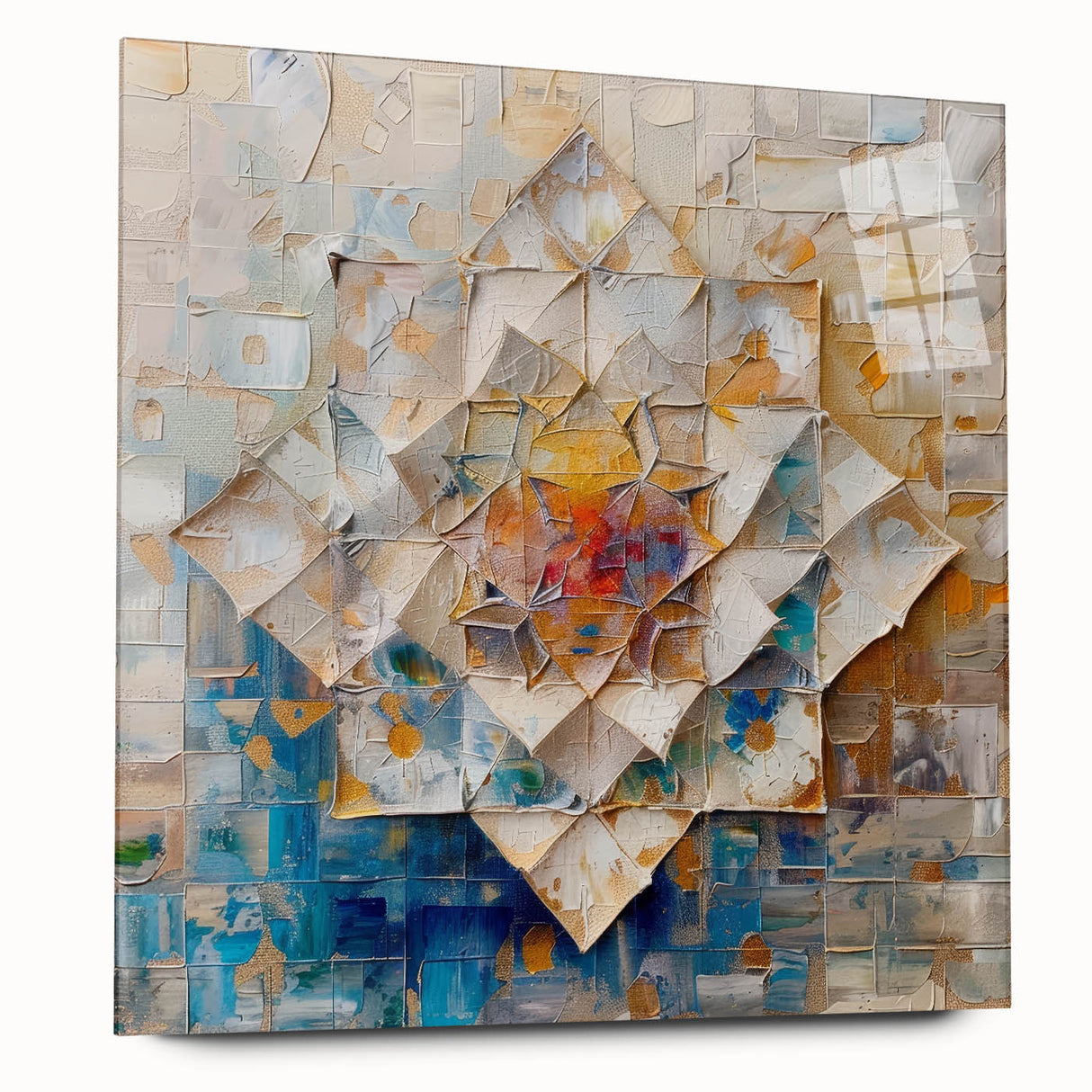 Abstract geometric acrylic glass panel showcasing vibrant colors and sharp angles, viewed from the side without pins, ideal for modern decor and artistic displays.