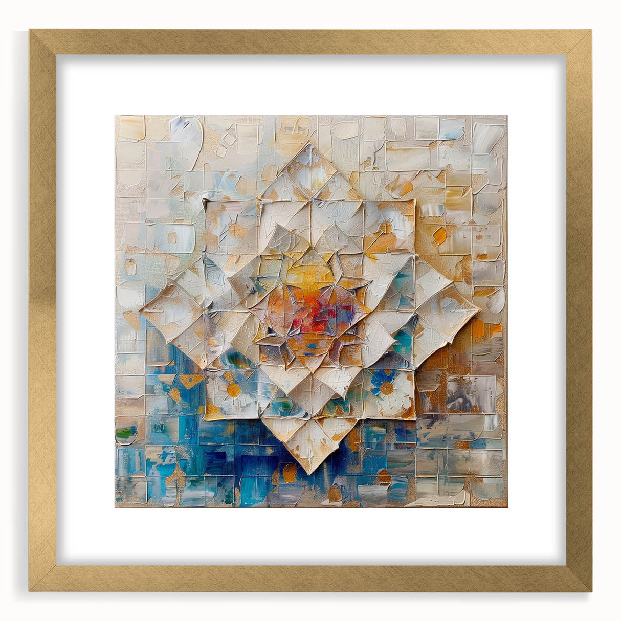 Abstract geometric frame with a gold mat, showcasing an elegant pattern, ideal for modern decor. Perfect for enhancing living spaces or offices with sophistication.