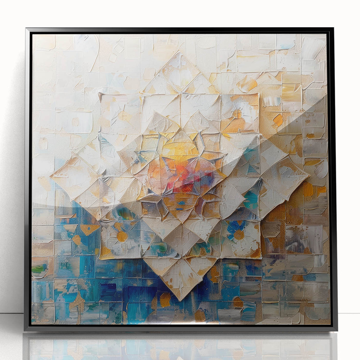 Framed abstract geometric wall art in black acrylic, showcasing intricate patterns and modern design elements, ideal for contemporary home decor.