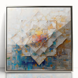 Framed geometric abstract wall art design in silver acrylic, showcasing sharp angles and a contemporary aesthetic, perfect for modern home decor.