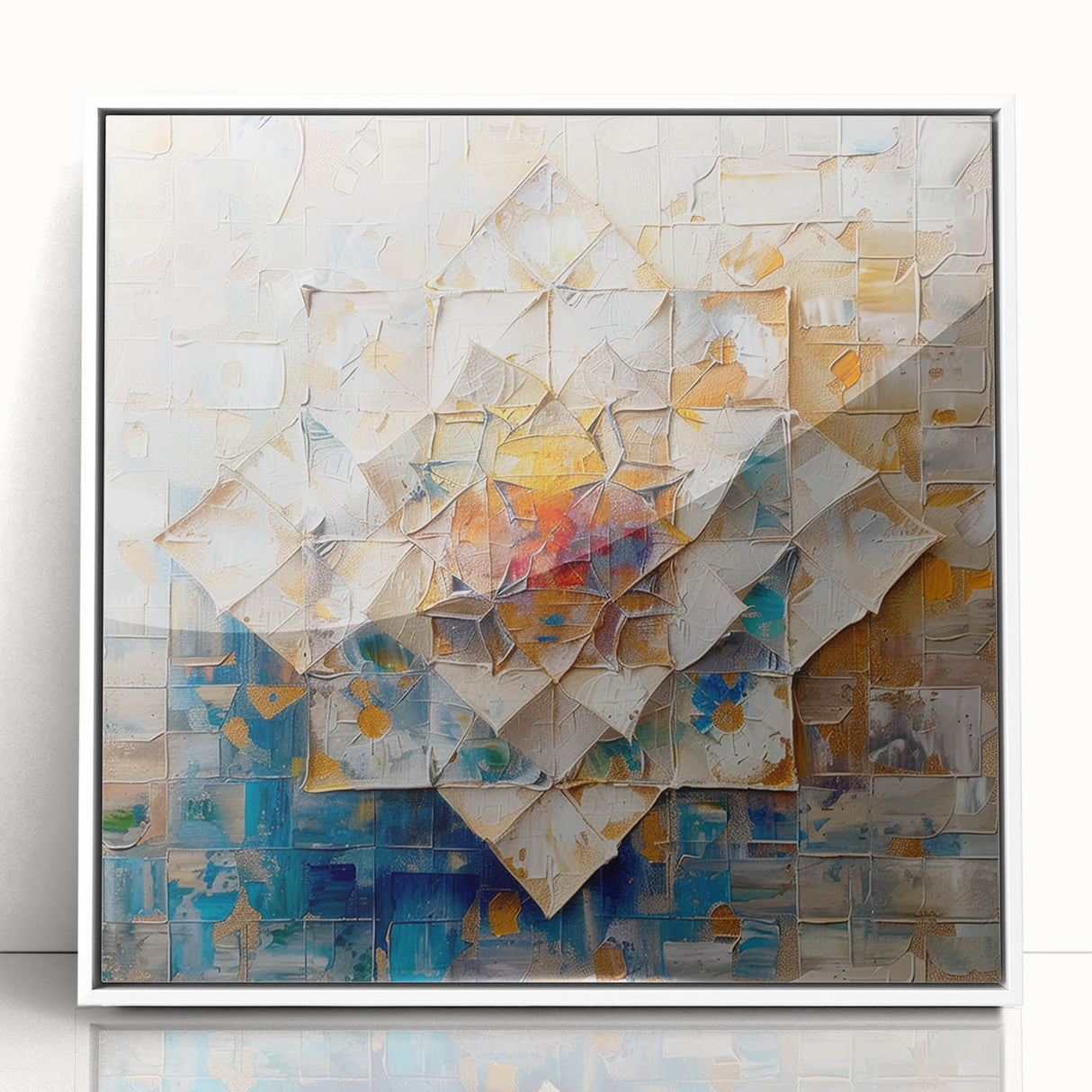Abstract geometric framed acrylic artwork showcasing a modern design with white and soft pastel tones, ideal for contemporary home decor. The piece is elegantly displayed from a front view, highlighting its sleek frame and artistic composition.
