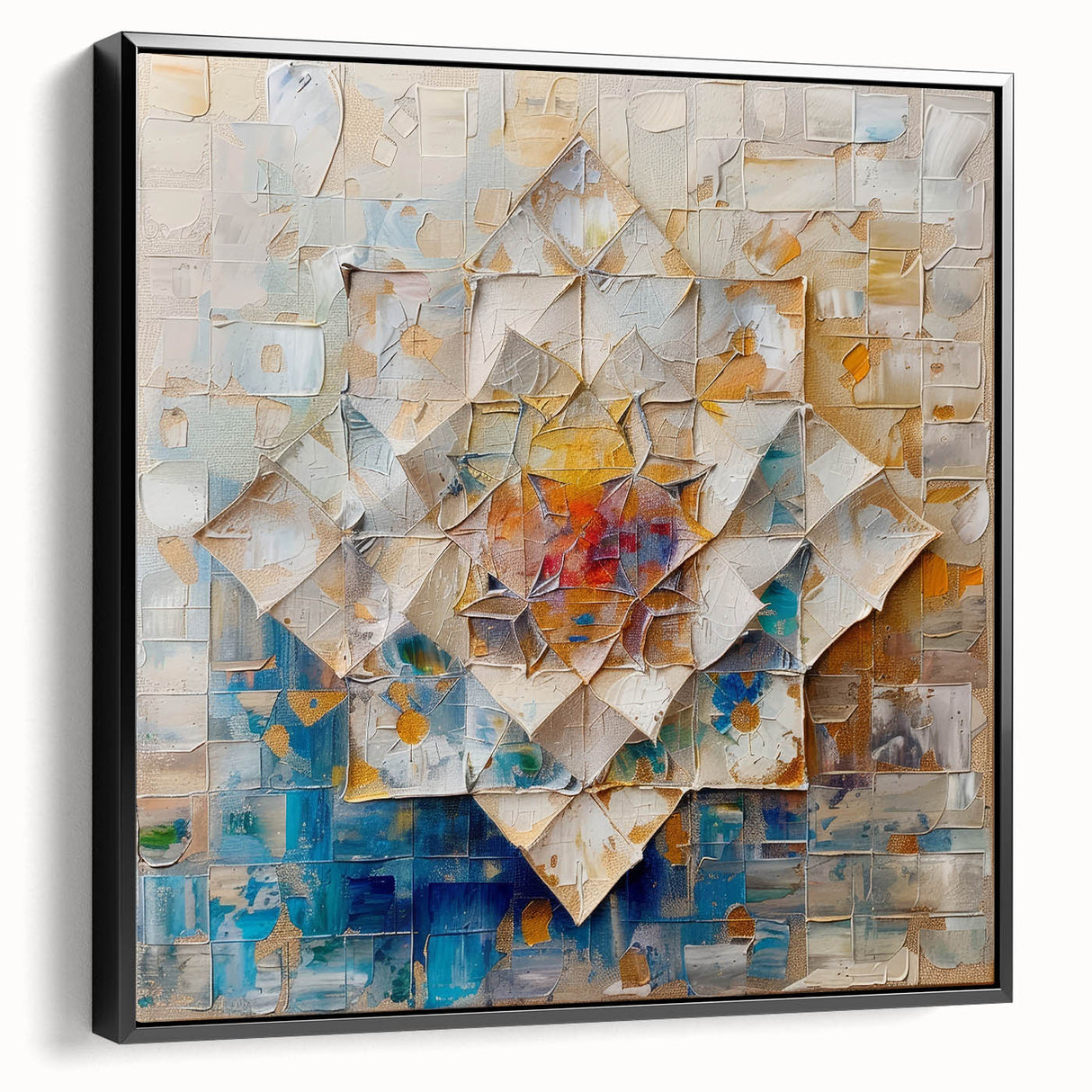 Abstract geometric canvas art in a sleek black frame, showcasing vibrant colors and sharp angles, ideal for modern home decor or office spaces, enhancing aesthetic appeal.