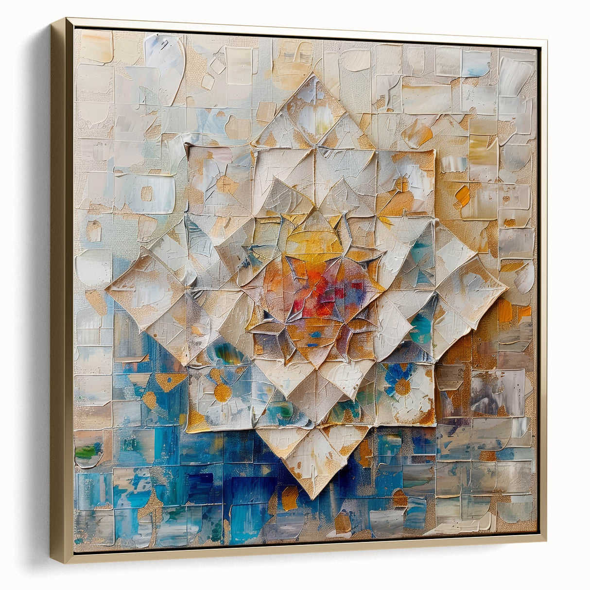 Abstract geometric canvas art in silver and gold tones, framed elegantly, showcasing a modern design perfect for contemporary decor. Ideal for adding sophistication to any room.