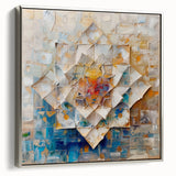 Abstract geometric framed canvas artwork showcasing a silver color scheme, highlighting intricate shapes and patterns, ideal for modern home decor. The side view emphasizes its sleek design and contemporary aesthetic, perfect for adding a stylish touch to living spaces or offices.