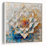 Abstract geometric framed canvas artwork showcasing a modern design in neutral tones, displayed from a side view to highlight its clean lines and depth.