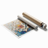 Abstract geometric rolled print showcasing vibrant blue, yellow, and gray patterns, elegantly packaged in a protective cardboard tube for easy display and storage. Ideal for modern home decor enthusiasts seeking unique wall art.