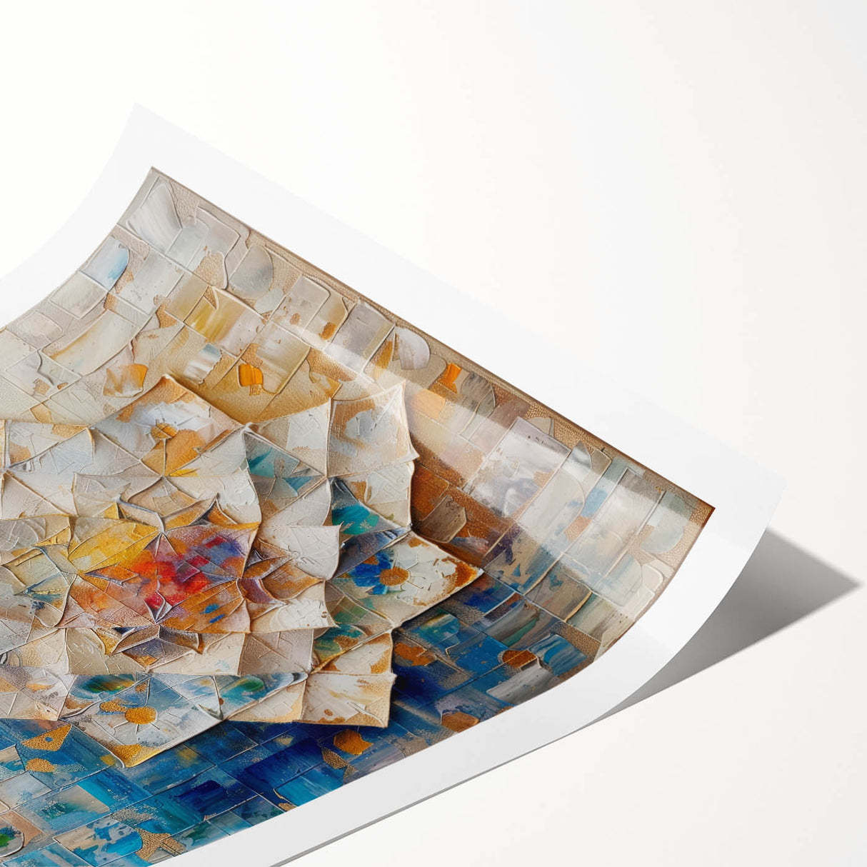Abstract geometric rolled print showcasing vibrant colors and intricate patterns, elegantly packaged in a protective cardboard tube for safe delivery and display.