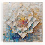 Abstract geometric stretched canvas art in vibrant colors, showcasing dynamic shapes and patterns, perfect for modern home decor. Ideal for enhancing interior spaces.