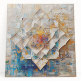 Abstract geometric stretched canvas art featuring vibrant colors and sharp angles, leaning against a neutral wall, perfect for modern home decor.