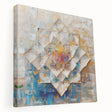 Abstract geometric stretched canvas artwork showcasing vibrant blue, orange, and yellow shapes, elegantly framed, ideal for modern decor. Perfect for adding a contemporary touch to any room.