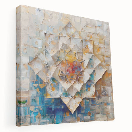Abstract geometric stretched canvas artwork showcasing vibrant blue, orange, and yellow shapes, elegantly framed, ideal for modern decor. Perfect for adding a contemporary touch to any room.