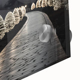 Large abstract wall art on acrylic glass featuring mid-century modernist architecture in black and white.