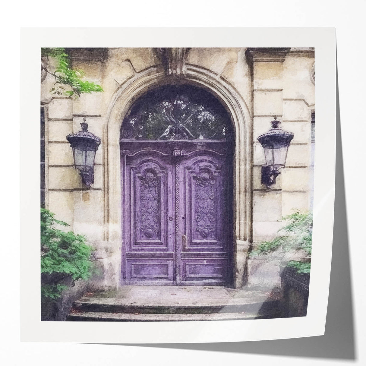 Extra large wall art showing a detailed French door architecture in muted earth tones, ideal for art wall dining room.