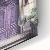 Mid-century modernist acrylic glass print featuring a close-up of a French door, in muted earth tones.