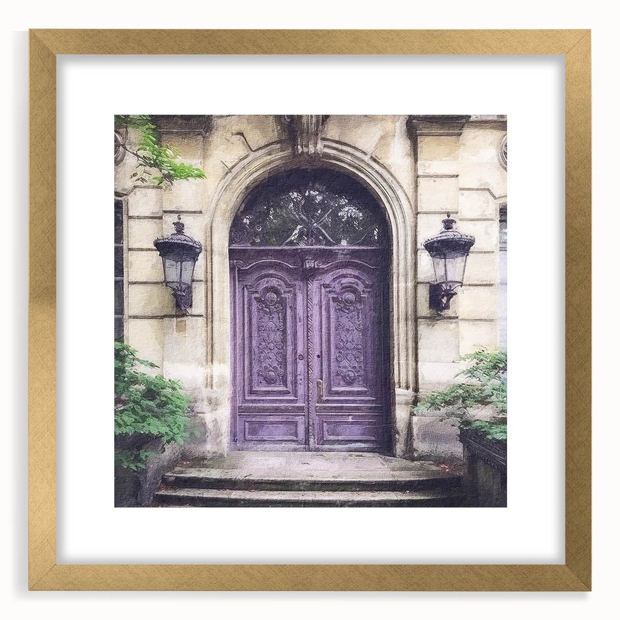 Extra large abstract art print featuring a textured depiction of a French door, in a gold frame with mat.