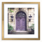 Extra large abstract art print featuring a textured depiction of a French door, in a gold frame with mat.