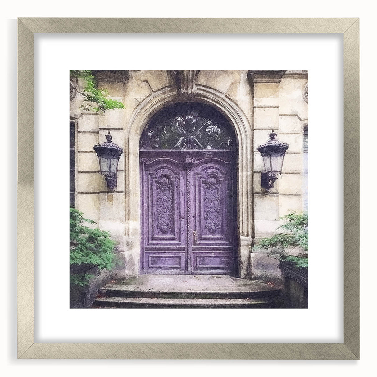 Textured abstract art print of a French door, in silver frame with mat, suitable for bedroom decor.