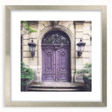 Textured abstract art print of a French door, in silver frame with mat, suitable for bedroom decor.