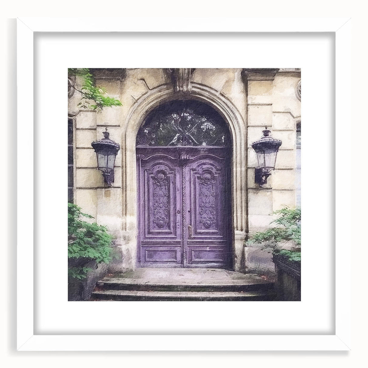 Abstract art print of a French door, in muted gray tones on a white framed canvas, ideal for dining room decor.