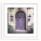 Abstract art print of a French door, in muted gray tones on a white framed canvas, ideal for dining room decor.
