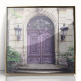 Mid-century modernist large art print of a French door, acrylic in gold frame, suited for modern nursery decor.