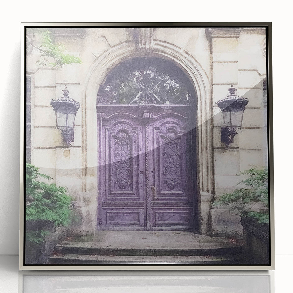 Mid-century modernist art of a French door, framed in silver acrylic, in muted gray tones, ideal for modern art wall decor.