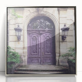 Mid-century modernist art of a French door, framed in silver acrylic, in muted gray tones, ideal for modern art wall decor.