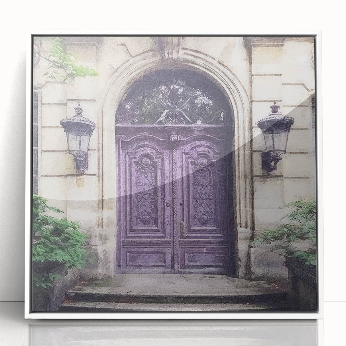 Art Deco-style door depicted in a framed acrylic poster with monochrome and gray shades, suitable for modern art wall decor.