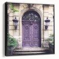 Black and white vintage poster art of a French door architecture on framed canvas, suitable for bedroom wall decor.