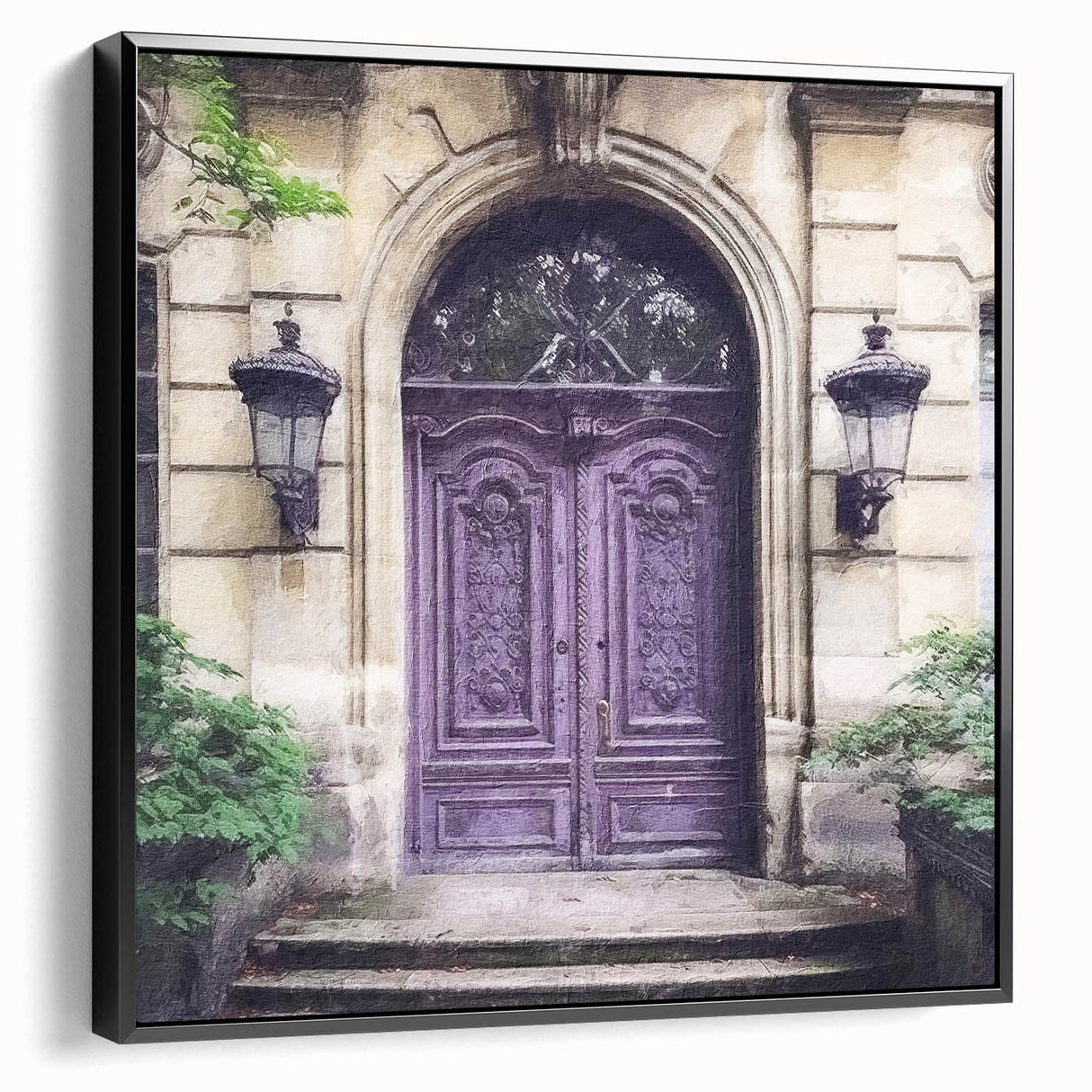 Black and white vintage poster art of a French door architecture on framed canvas, suitable for bedroom wall decor.