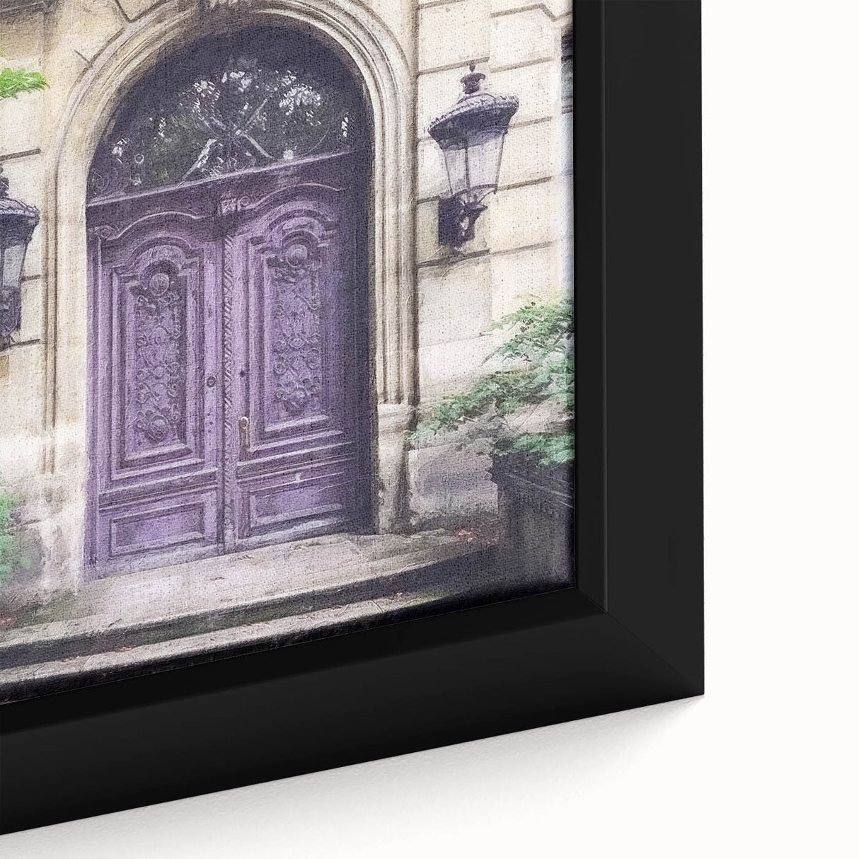 Close-up of a black framed canvas featuring a textured painting of a colorful French door.