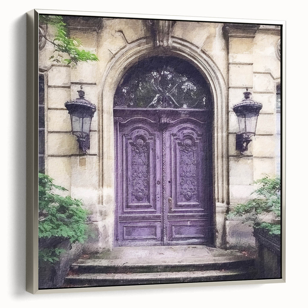 Landscape art painting of a vintage French door on a framed canvas, featuring black and colorful art tones.