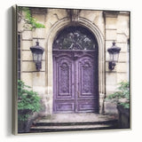 Landscape art painting of a vintage French door on a framed canvas, featuring black and colorful art tones.