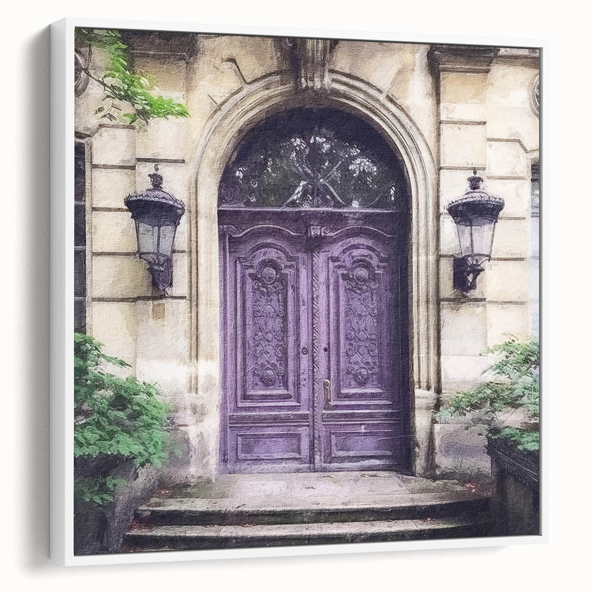 Vintage poster art featuring a detailed illustration of a French door on a large framed canvas with black and colorful…