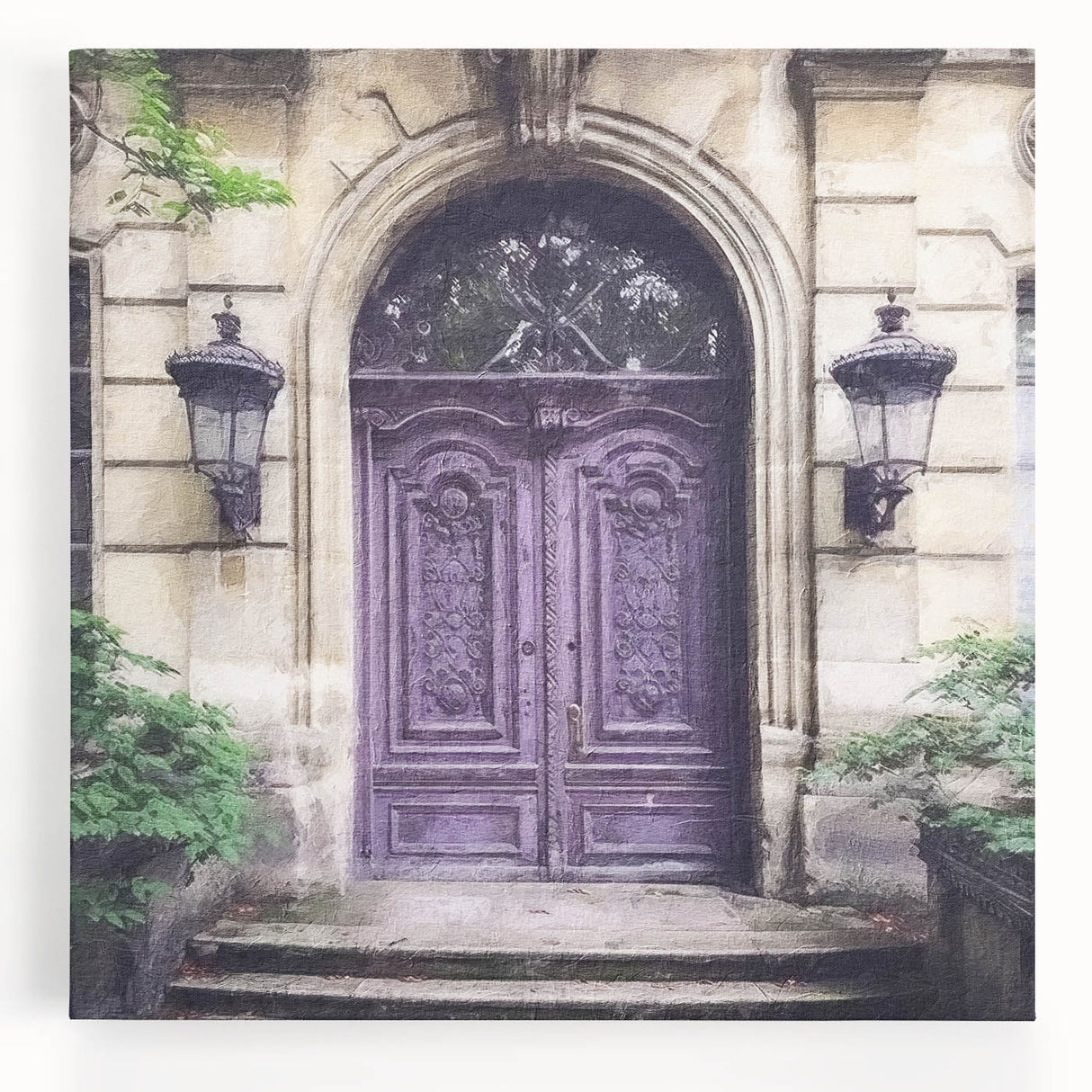 Black and white photograph of an ornate French door, printed on large stretched canvas, suitable for kitchen wall art.