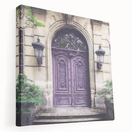 Side view of a large stretched canvas featuring a detailed French door architecture in earth tones.