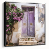 Black and white framed canvas of a vintage Greek door, ideal for bedroom wall art.