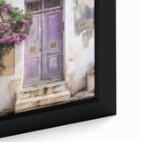 Close-up of a black framed canvas featuring a textured, colorful Greek door design, ideal for living room decor.