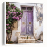 Vintage poster art of a Greek door, framed canvas in black and white, ideal for living room decor.