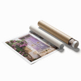 Extra large rolled print of a Greek architecture door surrounded by florals, in muted earth tones.