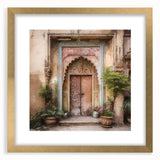 Extra large wall art featuring an abstract print of an Indian architecture door in textured gold tones on a framed canvas.