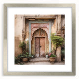 Textured art print of an abstract Indian door design in earthy tones, framed in silver, ideal for bedroom decor.