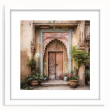 Abstract art print of an Indian door in muted earth tones on a white framed mat, ideal for dining room decor.