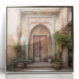 Mid-century modernist art depicting an Indian architecture door in silver tones on a framed acrylic.
