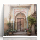 Art deco poster of an Indian architecture door in muted earth tones on a white acrylic framed print.