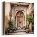 Framed canvas featuring a vintage poster of an ornate Indian door in silver and gold tones, suitable for bedroom wall art.