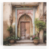 Black and white photograph of an intricate Indian door design on stretched canvas, ideal for kitchen wall art.
