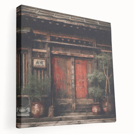 Japanese-style architectural door depicted in a minimalist art print on stretched canvas, suitable for kitchen wall art.