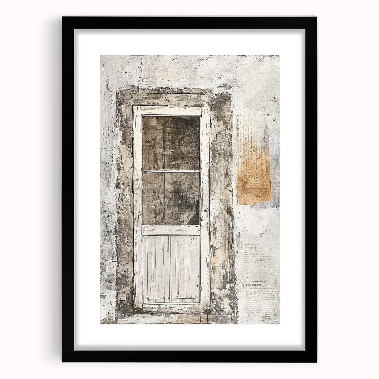 Abstract art print of a rustic Italian door in vibrant colors on a textured, framed canvas, ideal for living room decor.