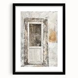 Abstract art print of a rustic Italian door in vibrant colors on a textured, framed canvas, ideal for living room decor.